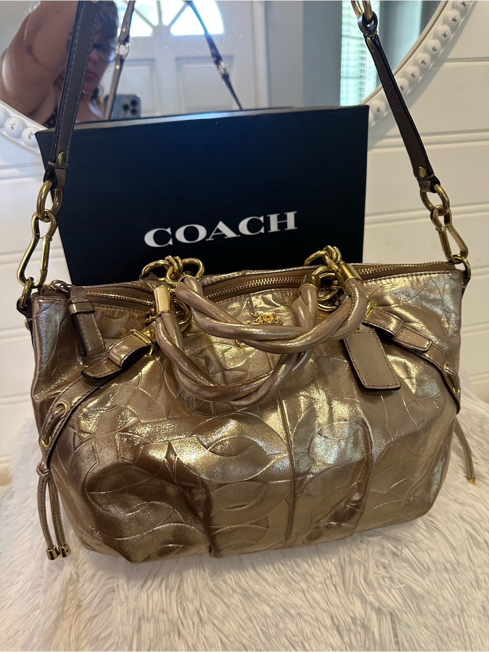 COACH Metallic Bronze Leather Satchel with Gold Hardware